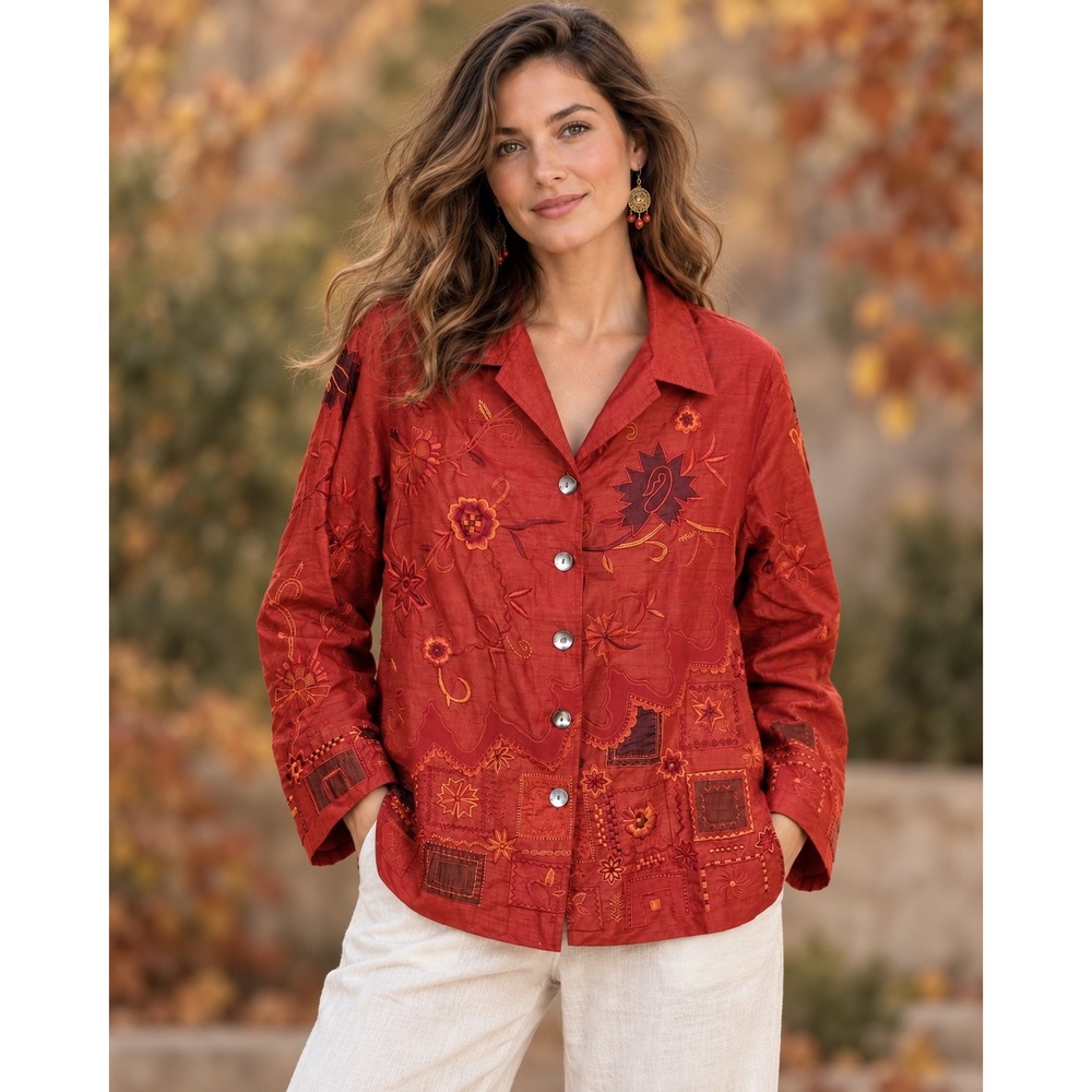 Vtg Laura Ashley Silk Embroidered Patchwork Jacket Red Boho Artsy Folk M Artisan